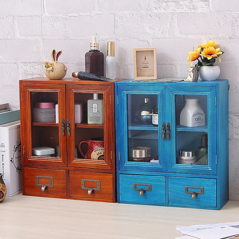 Wooden Vintage Cup Display Shelf Drawer Desktop Cosmetics Storage Box Blind Box Cabinet Hand Box Storage Cabinet