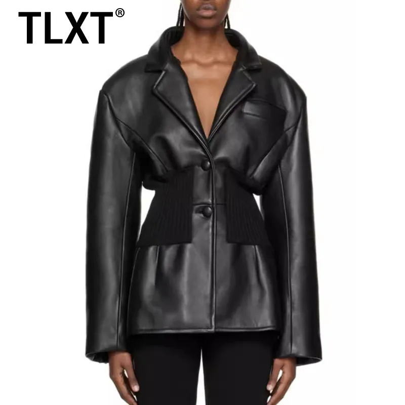 

TLXT модный женский пиджак с зубчатым воротником из искусственной кожи в стиле пэчворк, вязаный костюм с силуэтом супер талии, весна 2024, новинка XK1112