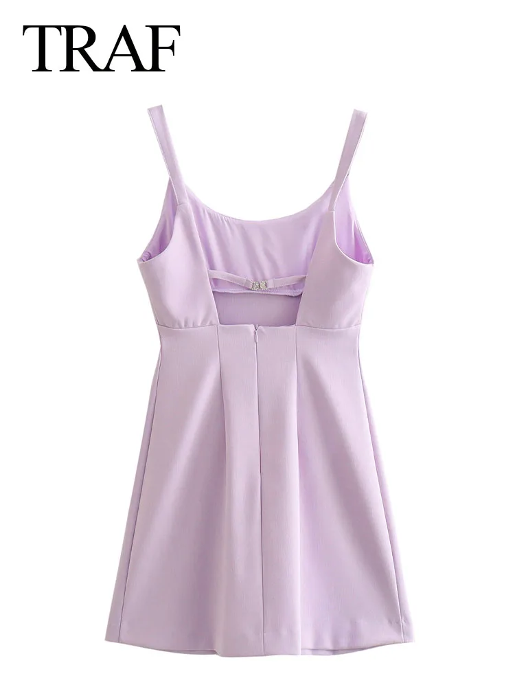 TRAF Summer Woman Dress Water Diamond Hook Buckle Dresses Back Zipper Chic Purple Sleeveless Backless Female Mini Dress Vestidos