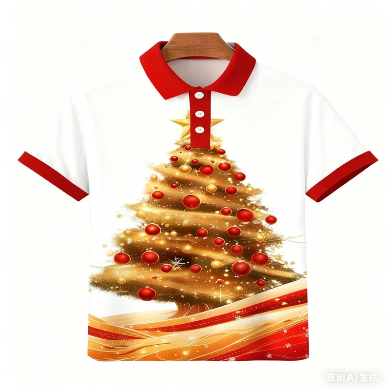 

2025 Christmas Eve Red Christmas Tree Printed Short Sleeve Shirt Fashionable and Comfortable Polo Shirt