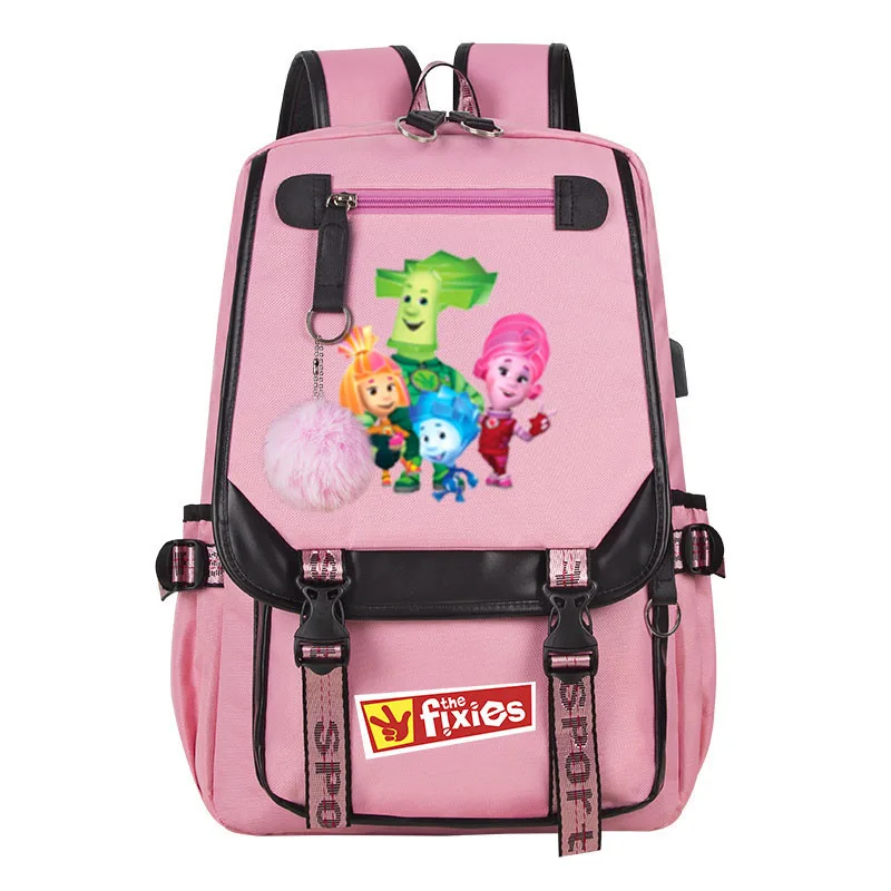 

Pink Anime The Fixies Children School Bags high quality Boys Cartoon Fashion School Backpacks USB Teens Kids Bag Mochila