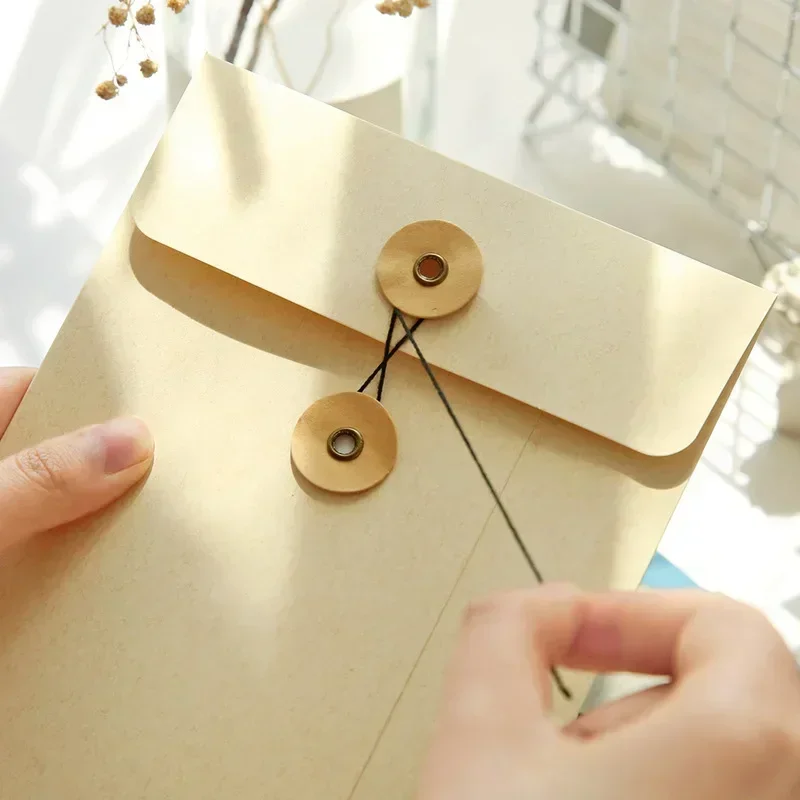 Solid Paper Envelope with Button String Tie Vintage Winding Ticket File Documents Bag Business Greeting Cards Cover Stationery