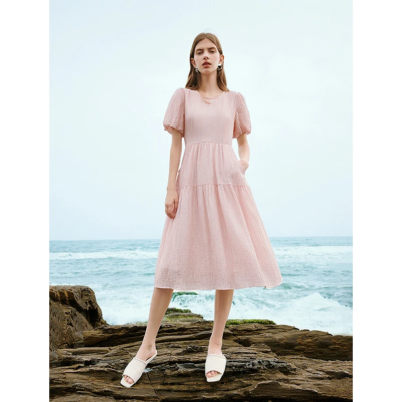 TOYOUTH Women Dress 2024 Summer New Elegant Solid Pleated Round Neck Puff Sleeves Mid Length Casual Dress With Waistband