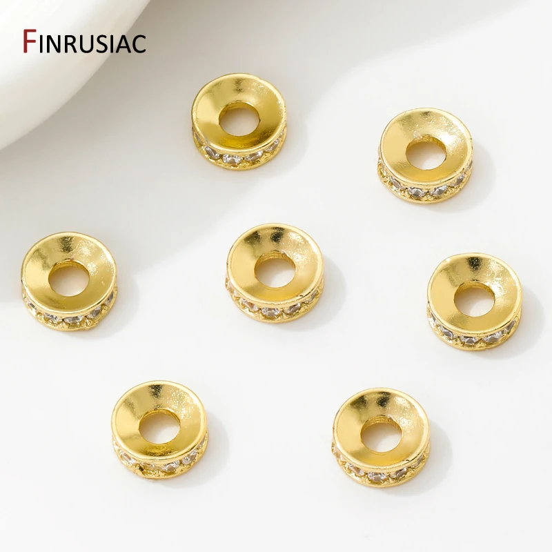 18K Gold Plated Brass Round Inlaid Zircon Spacer Beads,Flat Beads Separator For Jewelry Making DIY Accessories image 2