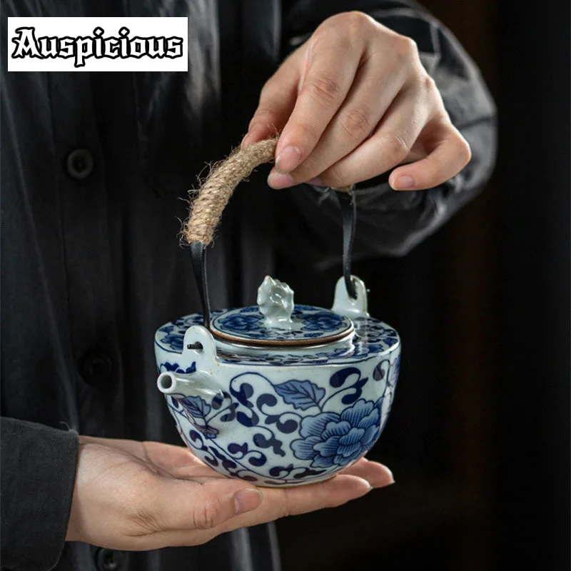 210ml Blue And White Porcelain Hemp Rope Loop-Handled Teapot Small Ceramic Kung Fu Teaset Stainless Steel Filter Single Pot Gift