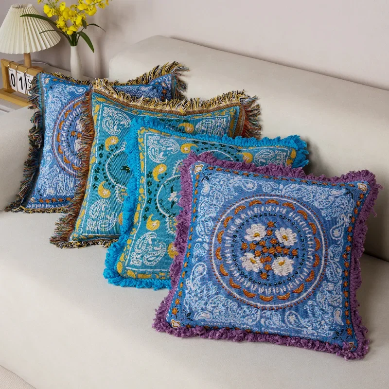 45x45cm Multicolor Tassel Jacquard Window Throw Pillow Cover Woven Geometric Sofa Cushion Cover Pillowcase for Home Decoration