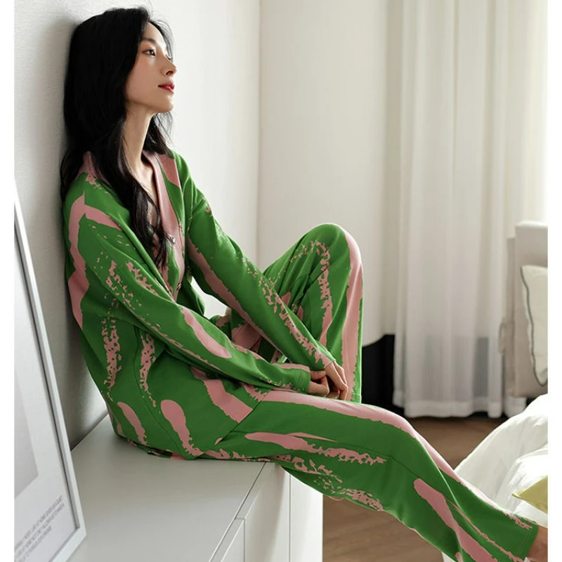 100% Pure Cotton Pajamas Women's Spring Autumn Long-sleeved Cute V-neck Korean Version Loose Suit Loungewear Can Be Worn Outside