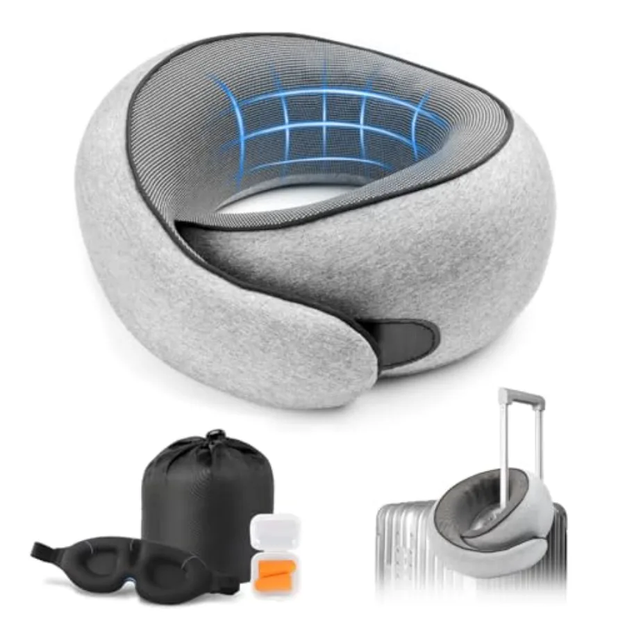 

Travel Neck Pillow with 100% Pure Memory Foam G-Shape Includes Eye Mask and Ear Plugs Ergonomic Design for Airplane Car and Off