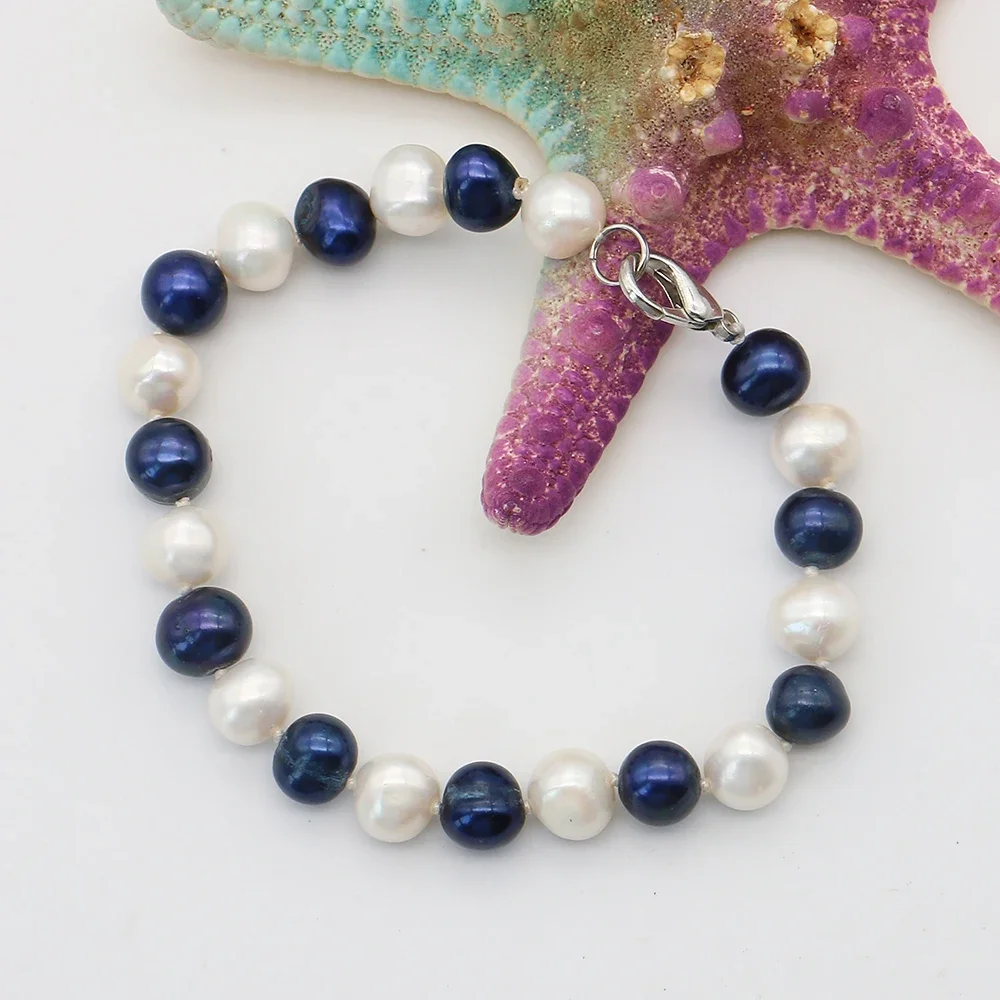 Irregular Round White and Blue Pearl Beaded Bracelet 7-8mm Freshwater Pearls And Lobster Clasp Combined Creative Jewelry Gift