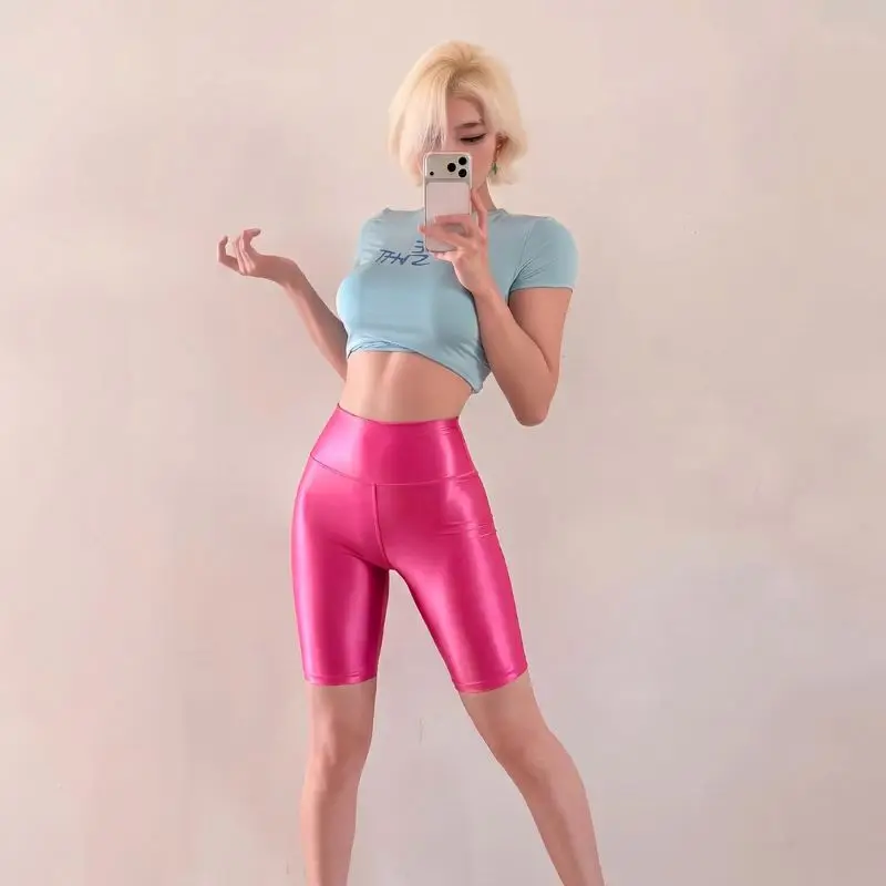 Fashion Solid Glossy Stretchy Skinny Capris Women High Waisted Shiny Bottoms Sports Yoga Leggings Female Streetwear Shorts