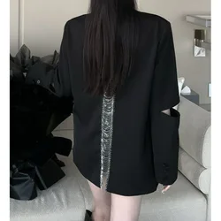 Fashion Designer Open Back Chain Casual Black Suit Coat donna autunno nuovo temperamento sciolto Hollow Blazer a maniche lunghe