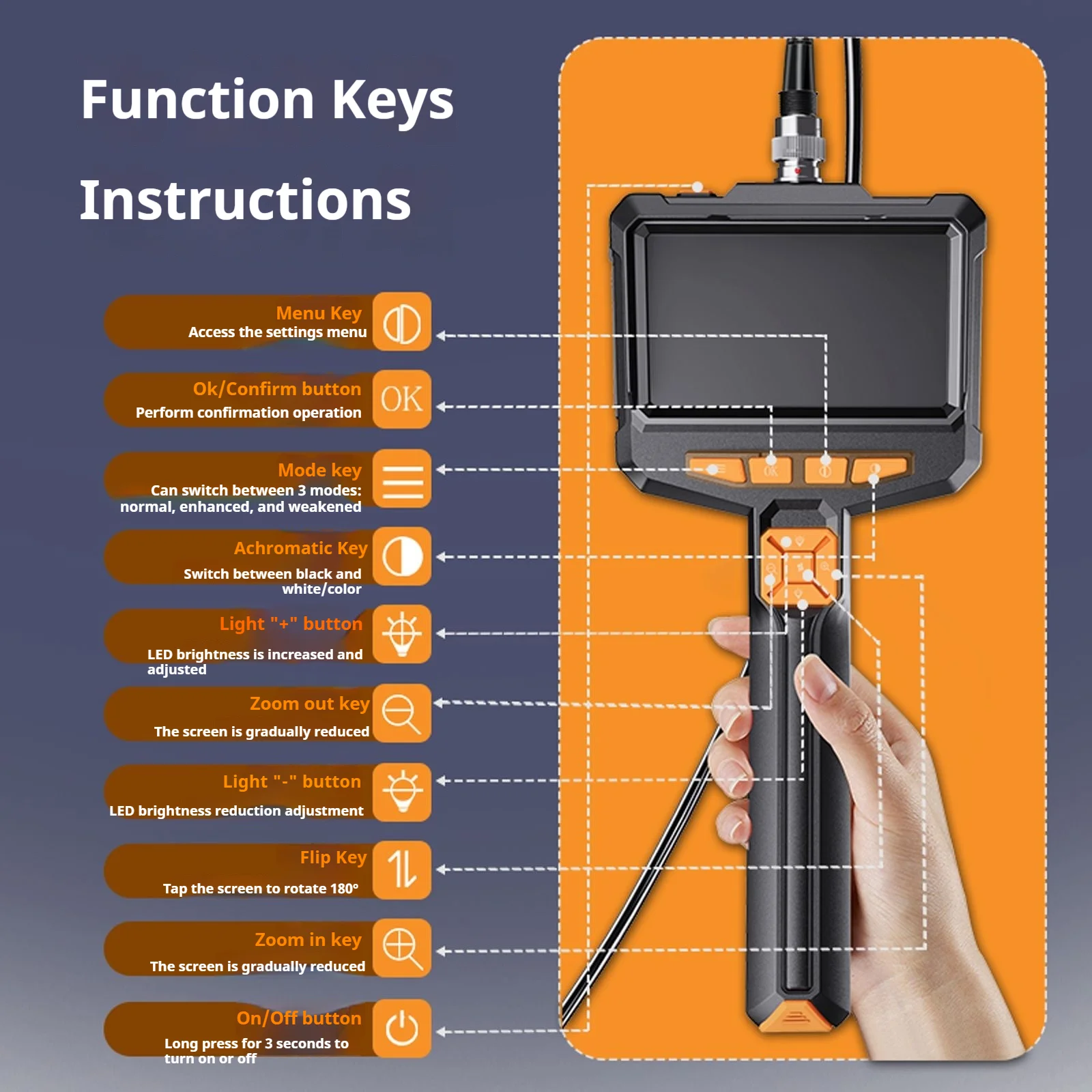 Endoscope Camera with Light 4.3" IPS Screen 1080P HD 8 LED Lights IP67 Waterproof 16.4FT Semi-Rigid Cord for Automotive Sewer