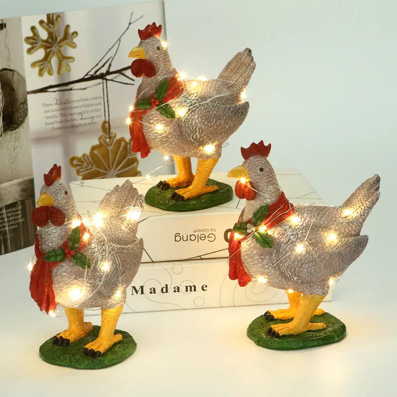 

‌Glowing Christmas Chicken Decor‌ - LED Light-up Resin Sculpture for Holiday Party