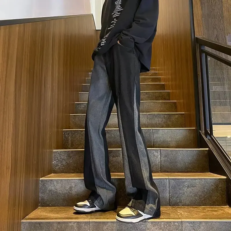 Korean Style Men's Jeans Retro Loose Straight Leg Contrast Color Mid-waist Full Length Pants Male High Street Casual Denim Pants