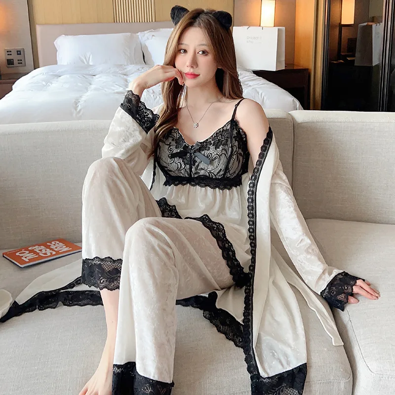 Velvet 3PCS Pajamas Set Sleepwear White Lace Patchwork Loungewear Warm Women Home Clothes Loose Nightwear Cami&pants&bathrobe