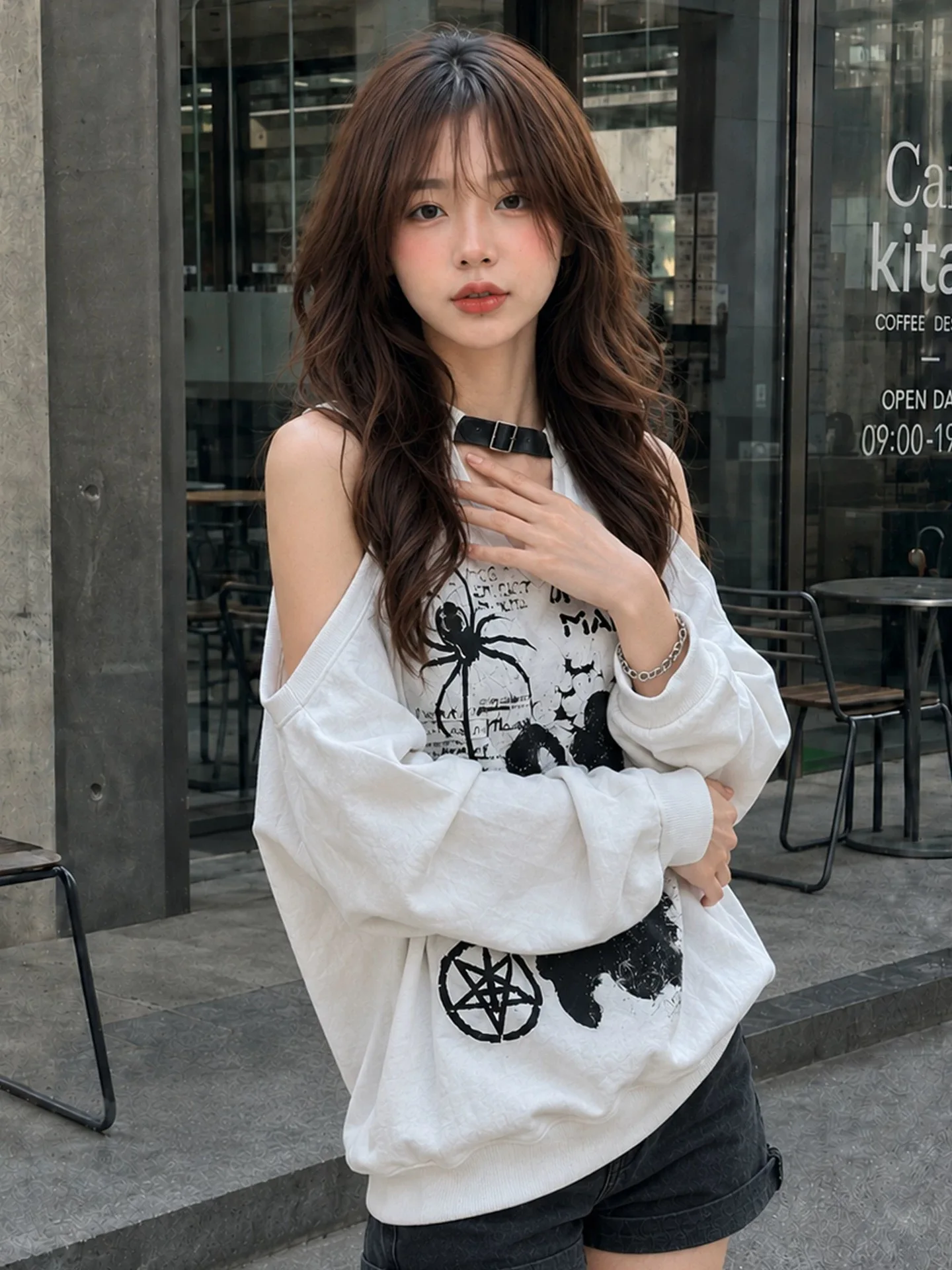 Doodle Print Off-Shoulder Long Sleeve Sweatshirt Women's Thin Worn Design Loose Slimming Versatile Hollow Top Breathable Cott...