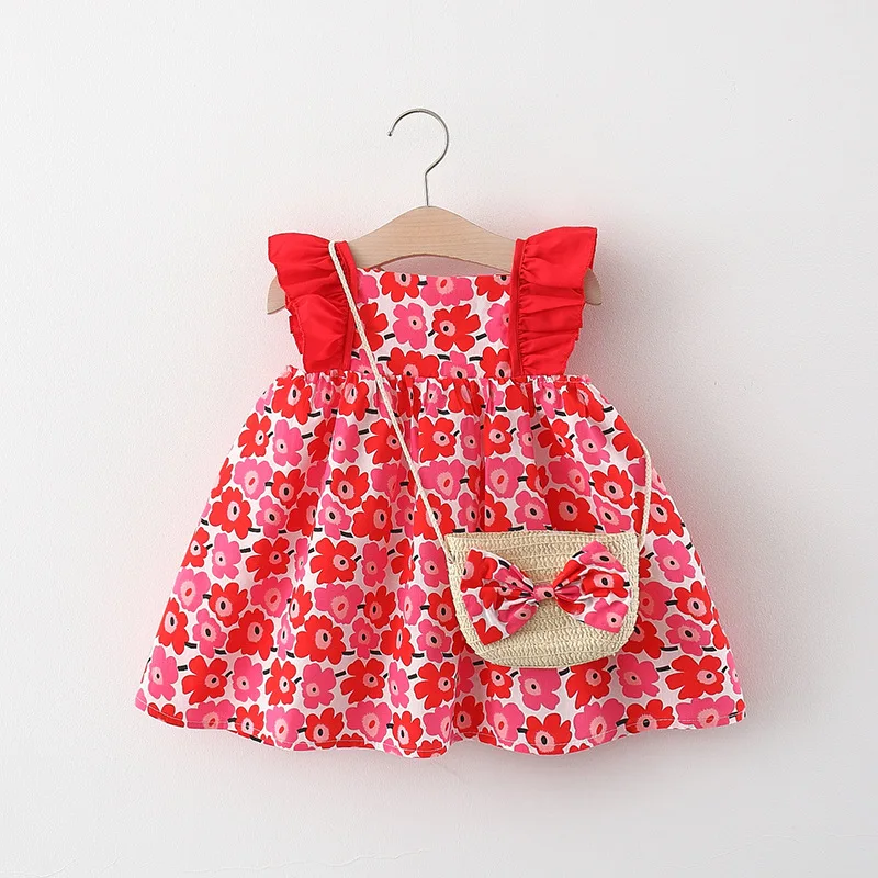 Baby Girls Dress For Toddler Summer Cute Flower Small Flying Sleeves Holiday Kids Dress Children'S Clothes Princess Dress + Bag