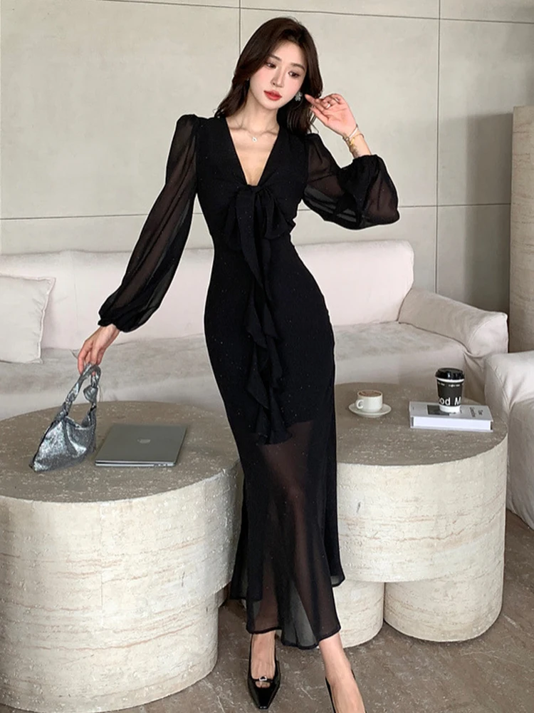 Fashion Elegant Long Dresses Women Clothes Sexy Sweet Black Bright Sheer Chiffon Bandage Bow Ribbon Ruffles Robe Party Vestidos