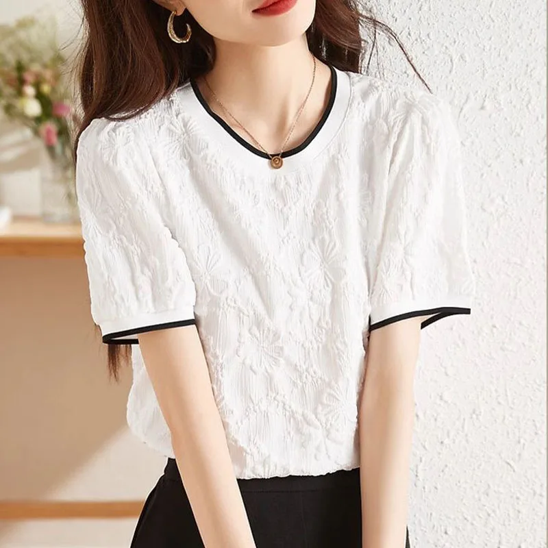 

Женская одежда, шифоновая жаккардовая футболка, новинка лета, тонкая футболка во французском стиле с короткими рукавами, женский универсальный пуловер, топ с круглым вырезом