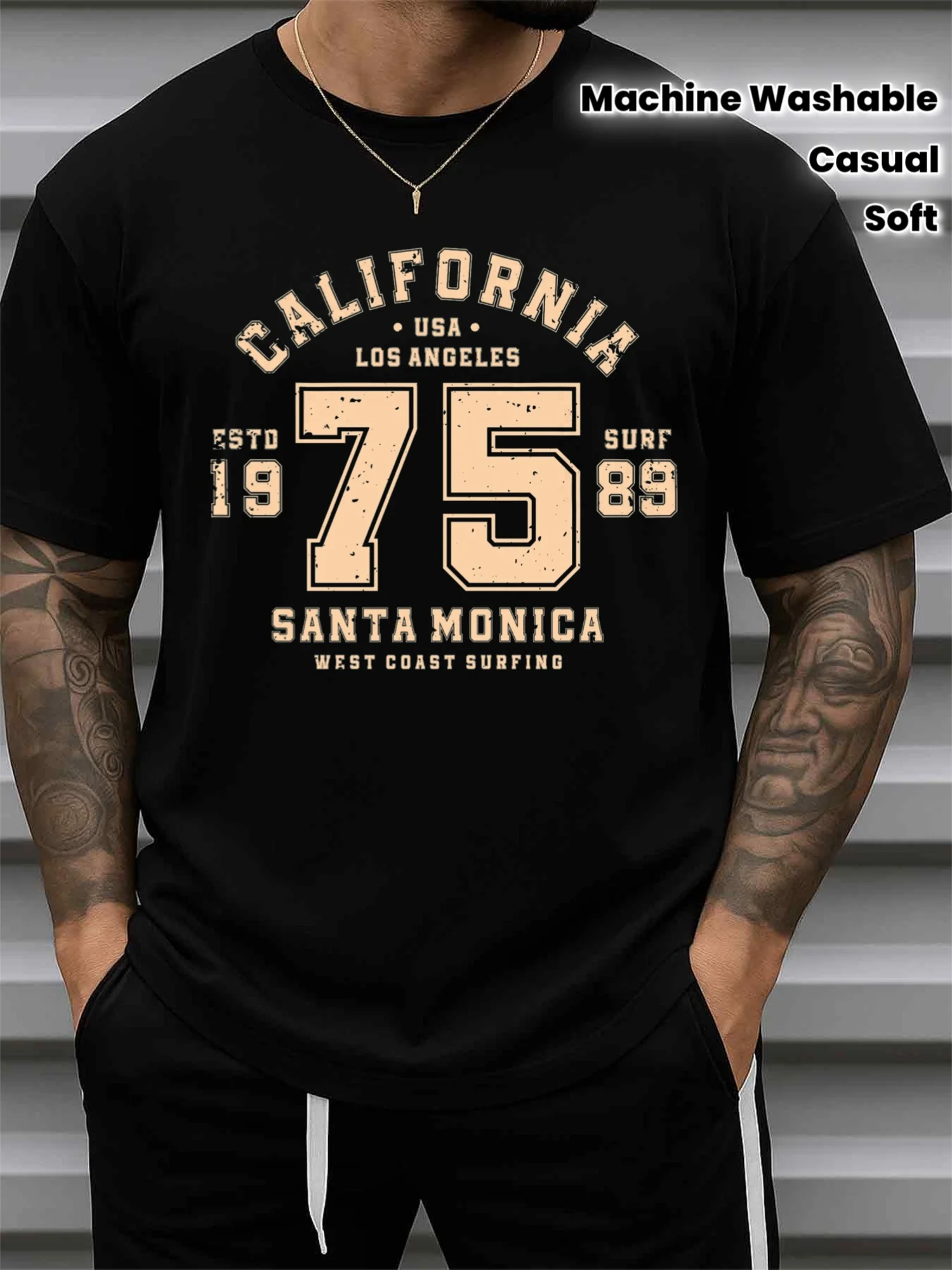 Men's California Surf 75 Los Angeles T-Shirt - Pure Soft Black Short-Sleeved Shirt with Surfboard and Logo Print, Round Neck Casual Beach Wear, Suitable for Spring and Summer Outdoor Activities, Machine Washable, Surf Style Gift
