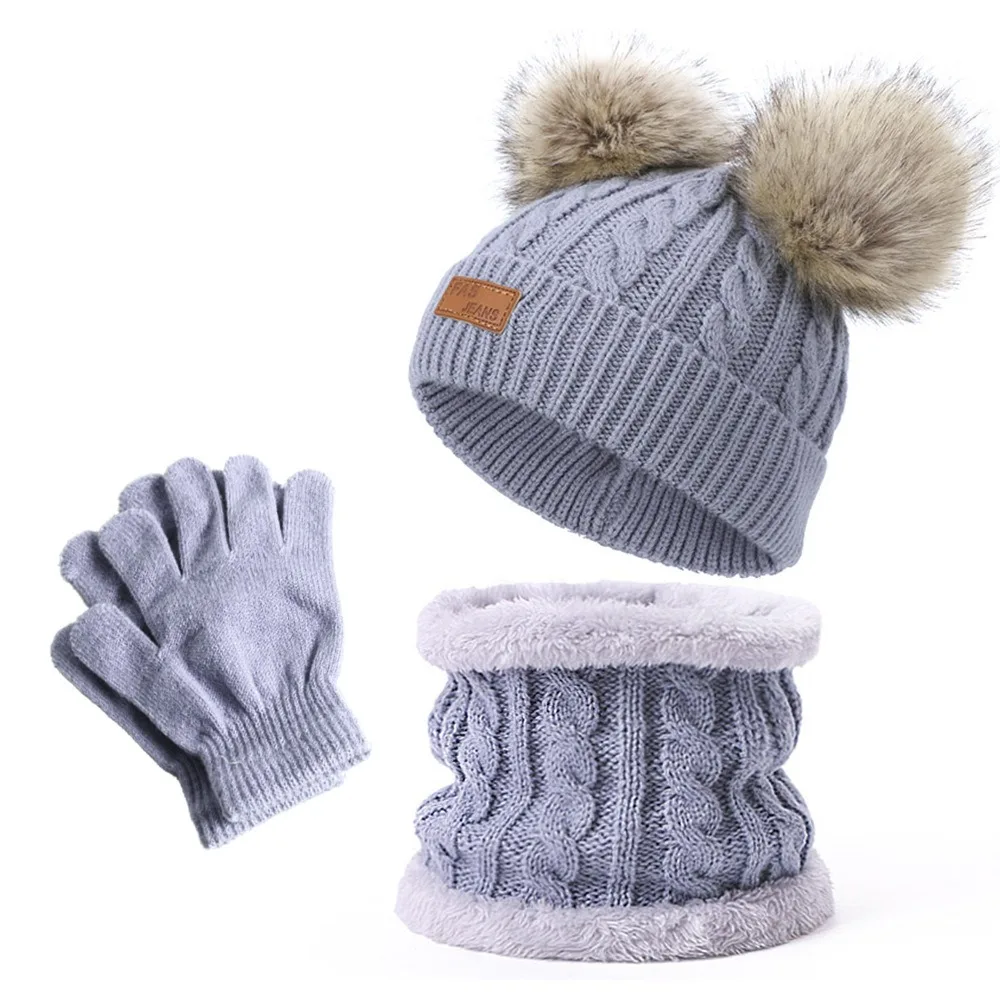 

Solid Color Baby Hat Scarf Gloves Set Warm Thicken Windproof Pompom Knitted Hats Knitted Beanie Pompom Toddler Bonnet Girls Boys