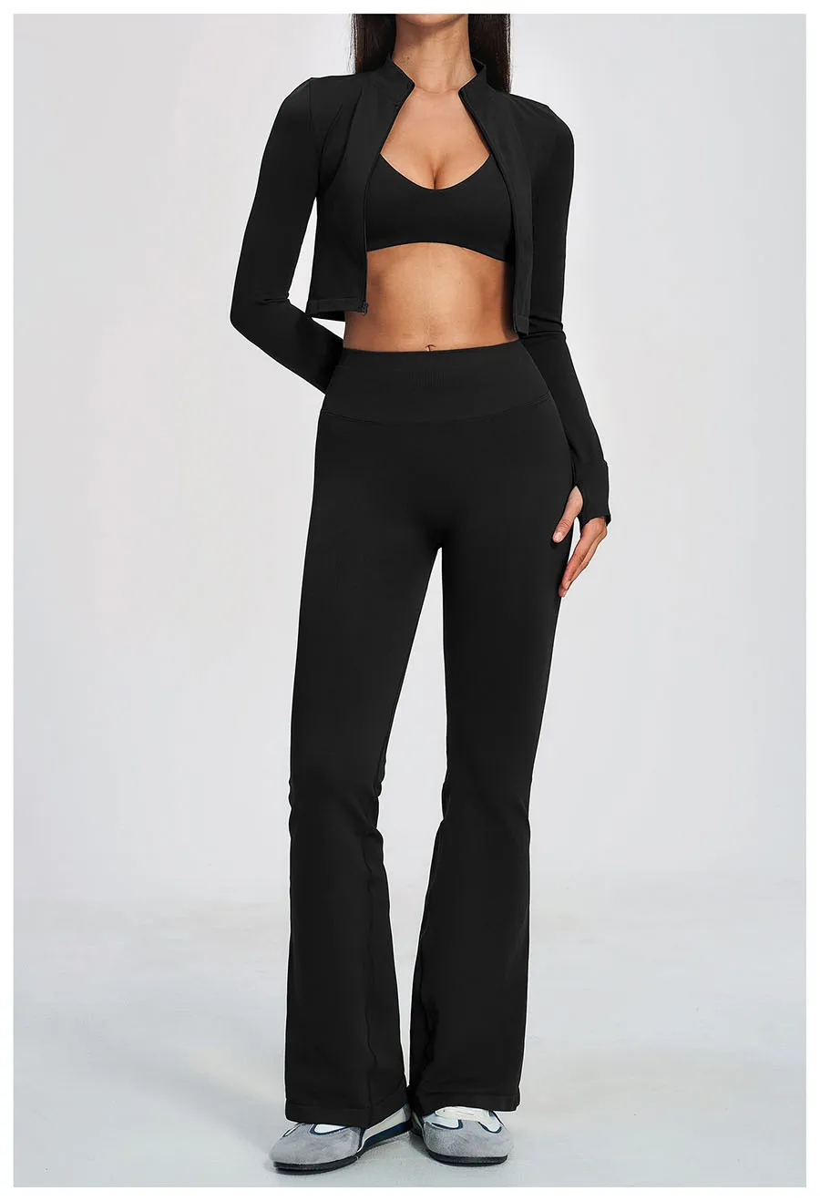 Damen-Trainingsanzug 3-teilig, Yoga-Anzug, nahtloses Sportset, ausgestellte Leggings, Fitness- und Laufoutfit, langärmelige Sportjacke, Yoga-Bekleidung – Detail 20