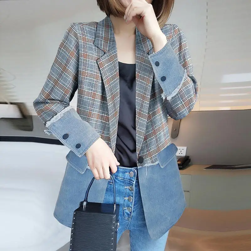 Korean Commuter 2024 Autumn New Ladies Notched Patchwork Plaid Button Elegant Loose All-match Classic Long Sleeve Blazers Coats