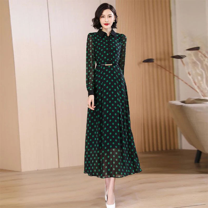 

Women's Green Polka Dot Chiffon Maxi Dress with Mandarin Collar & Shirt Sleeves - Fashionable Youthful, Slim-Fit Flowy Long Dres