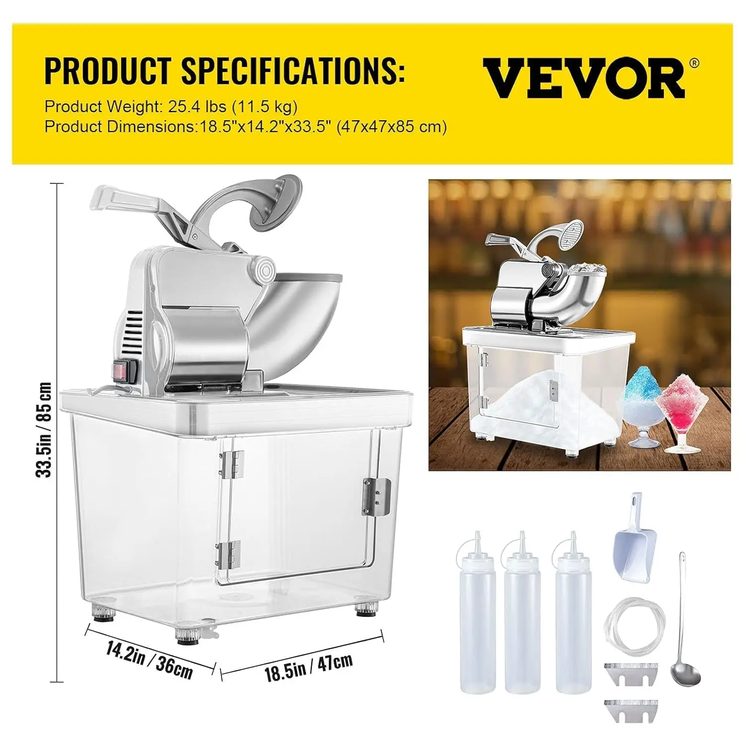 110V Commercial Ice Crusher 661LBS/H, ETL Approved 300W Electric Snow Cone Machine with Dual Blades, Stainless Steel Shaved Ice