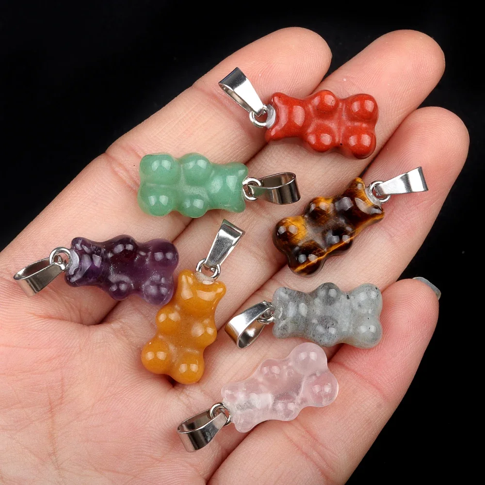 Natural stone Cute Gummy Bear Necklace for Women Girl Candy Color Natural Crystal Stone Bear Pendant Necklace Candy Bear Pendant