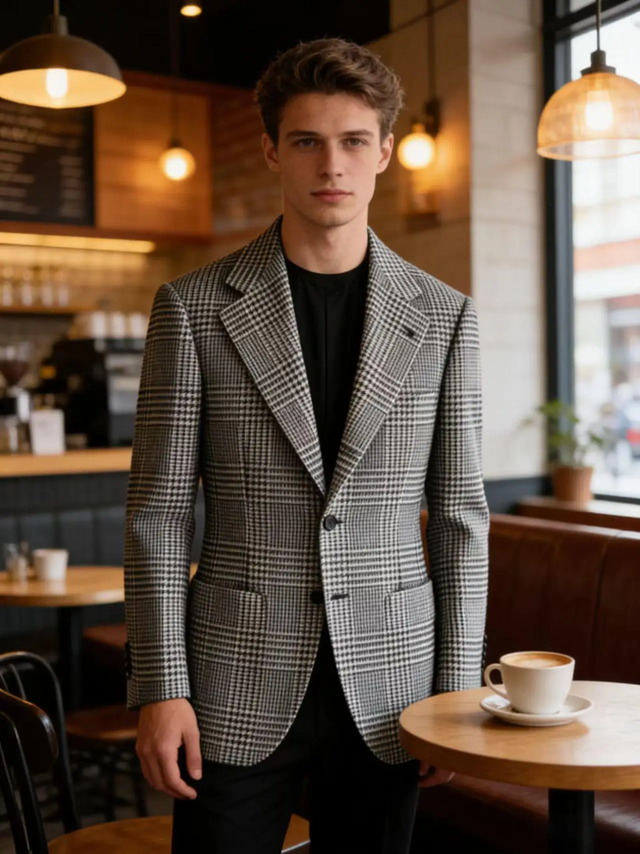 Mens Houndstooth Plaid Blazer Slim Fit Wool Blend Sport Coat Casual Two Button Notch Lapel Jacket Business Formal Tuxedo