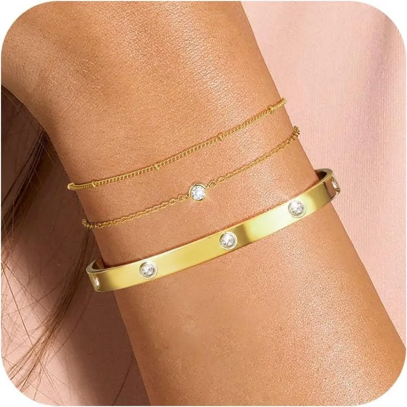 Cuff Stack Bracelets for Women Girls Dainty 14K Gold Plated Stackable Trendy Tennis Chain Layered Bangle Waterproof Jewelry