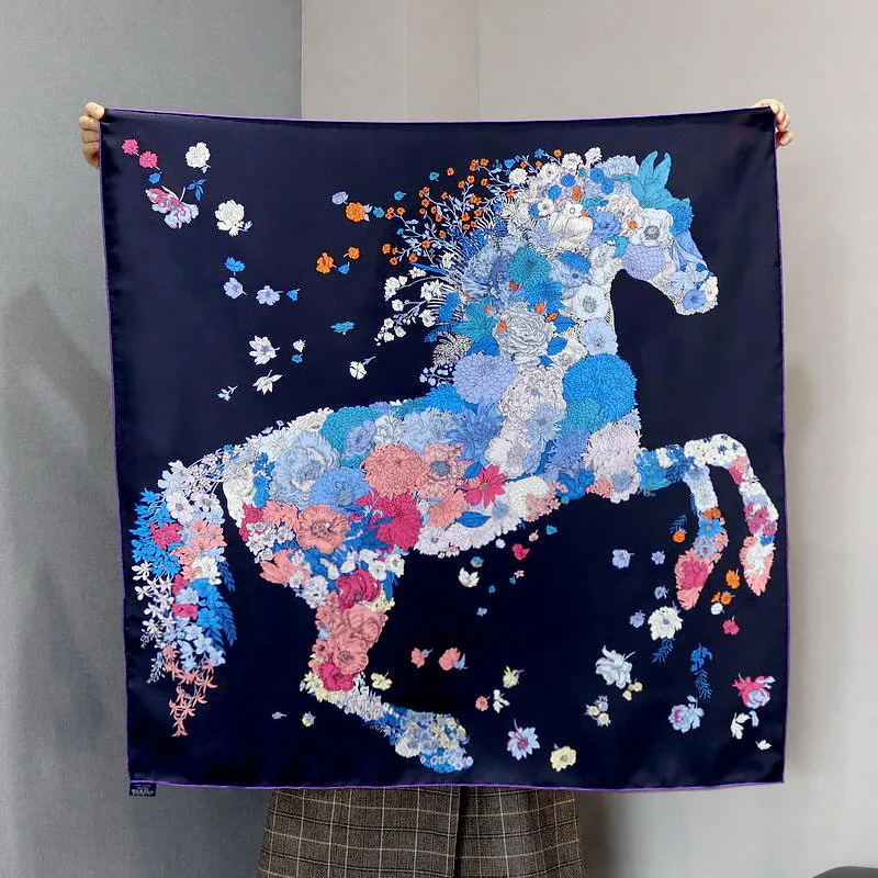 

Horse Print Twill Silk Scarf Women Big Shawls Summer Spring Hand-Rolled Edges Bag Bandanas Head Hair Decoration Gift 135CM 90cm