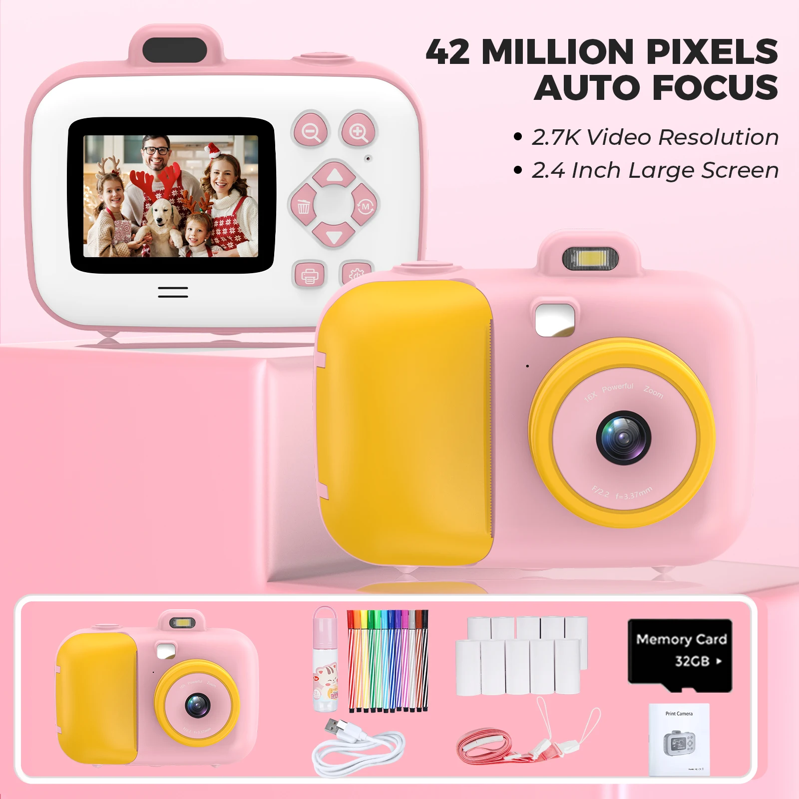 Instant Photo Camera Kids Camera Pictures For Children with Thermal Printing Paper Toys For Girls Gift 2.7k Photographic Cameras