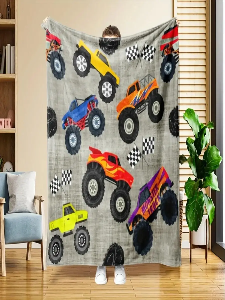 Manta de franela suave y cálida con diseño de camión monstruo de carreras todoterreno para sofá cama, oficina o viajes