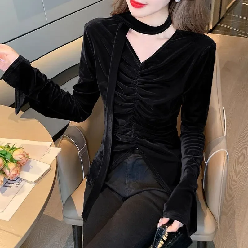 Chemises et chemisiers noirs à col en V pour femmes, Vintage, moderne, nouveau, élégant et jeunesse, haute qualité, manches longues, luxe, meilleure vente, 2025