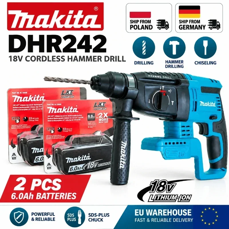 Makita DHR242 18V LXT Akku-Bohrhammer, bürstenloser SDS-Plus-Bohrer 24mm Beton 4700 IPM 2,0J 3 Modi, professionelles Hochleistungs-Elektrowerkzeug für BL1860B BL1850B BL1815, EU-Lager Schnelle