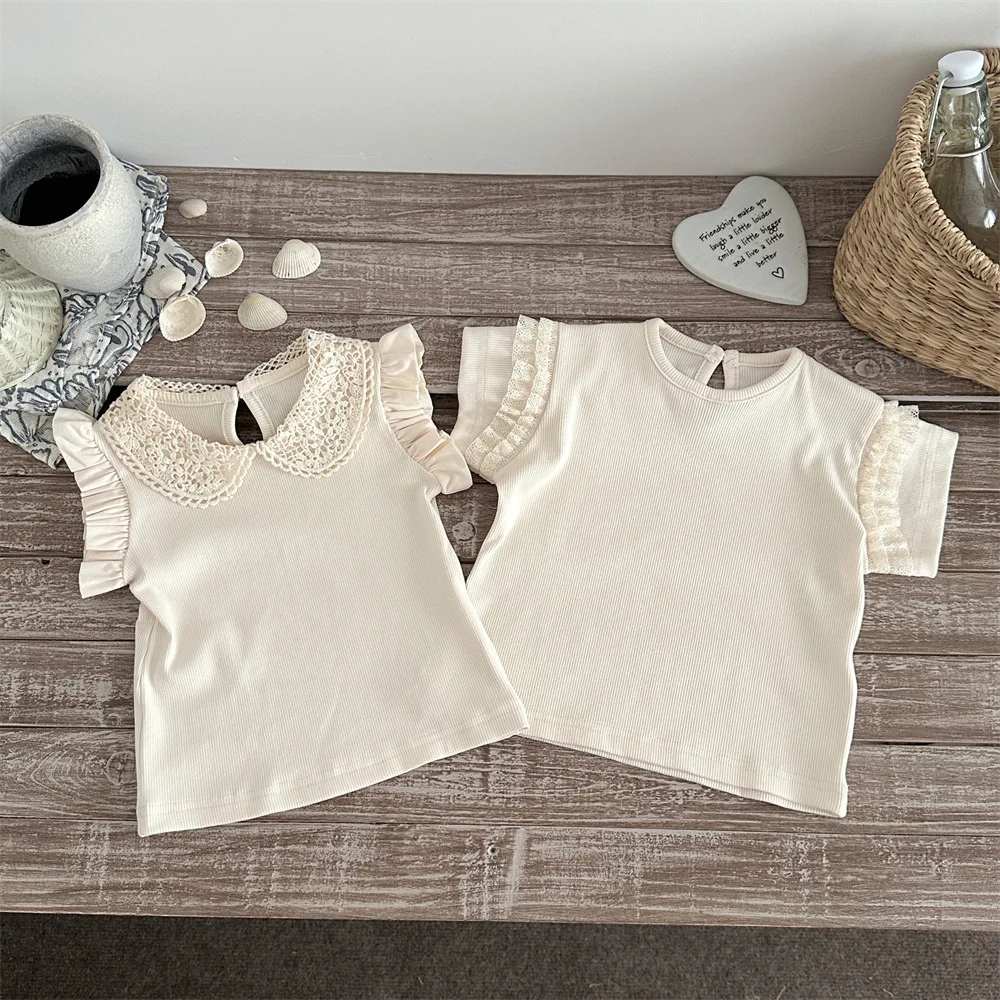 

Детская одежда 2026: Летние футболки для девочек 9М-3Т, с коротким рукавом, однотонные, с кружевным воротником, в рубчик, хлопковые, для малышей