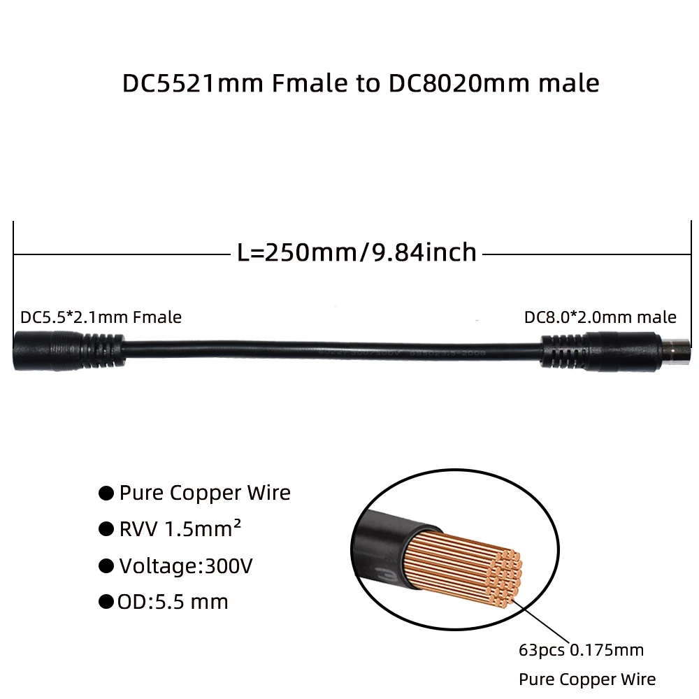 8mm Connector DC 5521 to DC 8020 Adapter for Solar Panel RV Portable Power Station Compatible with dc8020 solar panel