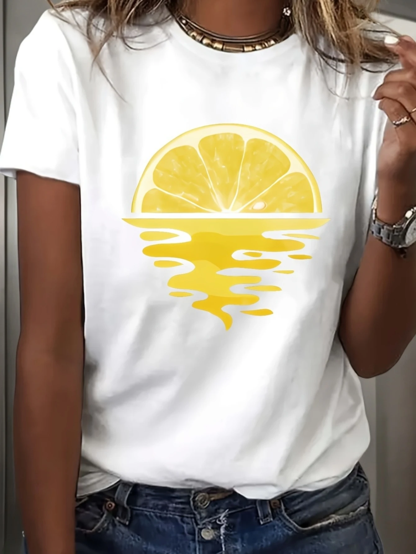 Women's Lemon Water Ripple Design Tee Short Sleeve Summer Top Pool Party Tee Cheap Women's Clothes Cute Minimalist Aesthetic Tee