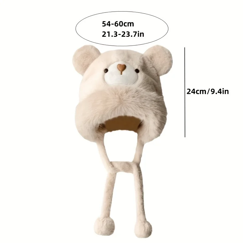 طقم قفازات وقفازات شتوية لطيفة على شكل دمية دب قطيفة مكونة من قطعتين، مع قبعة دافئة سميكة مقاومة للرياح والبرد وحماية الأذن