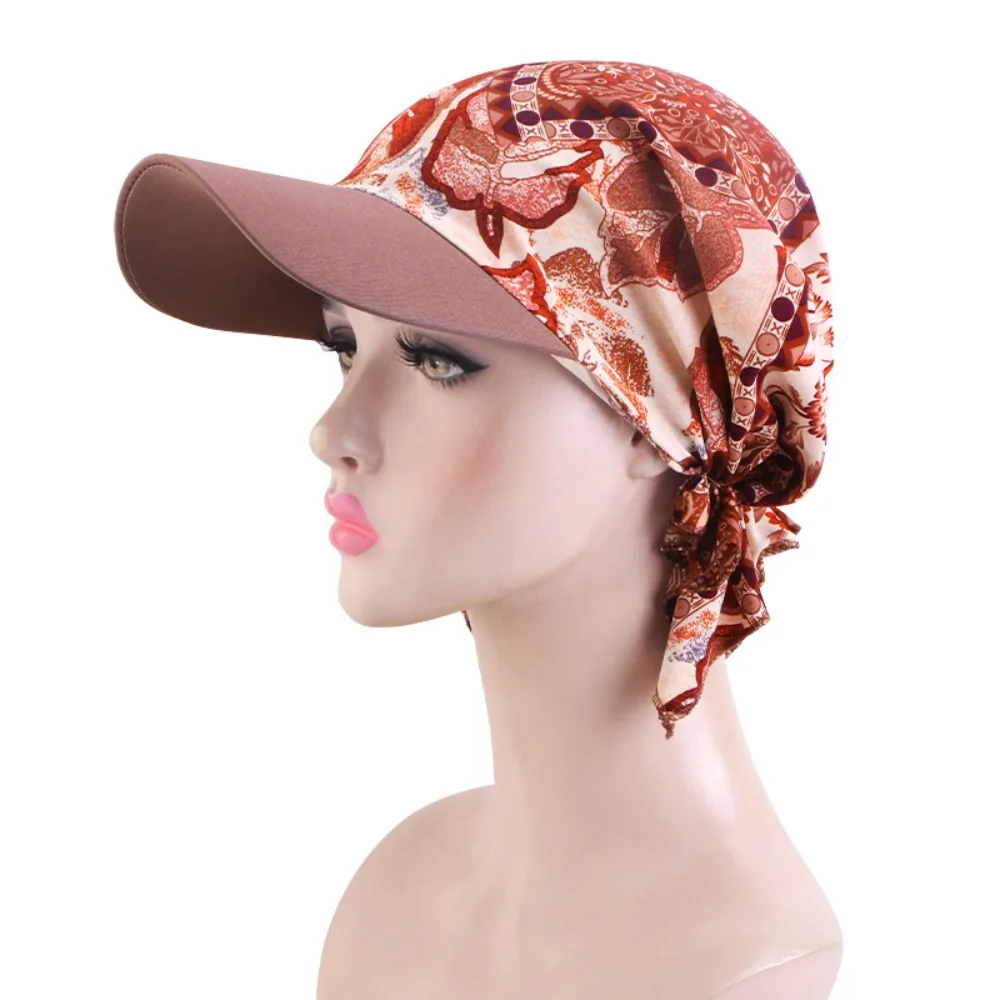 Breathable Headscarf with Brim Ethnic Prints Lightweight Headscarf Baseball Cap Lace-up Style Headscarf Sun Hat Summer Outdoor