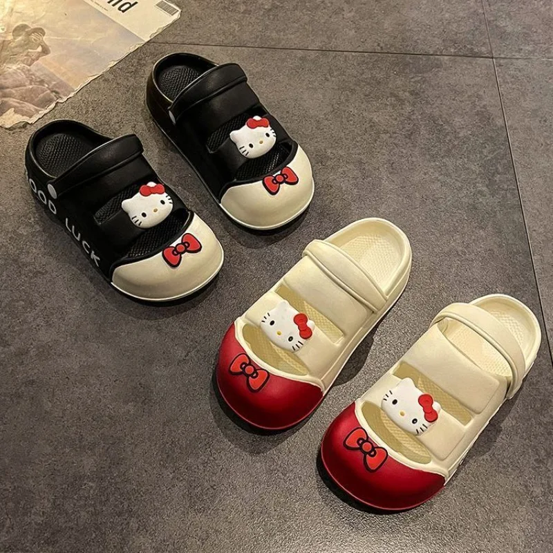 Kawaii Anime Sanrio HelloKitty Baotou Slippers Cartoon Cute Summer New Versatile Thick Soled Anti Slip Beach Sandals for Student