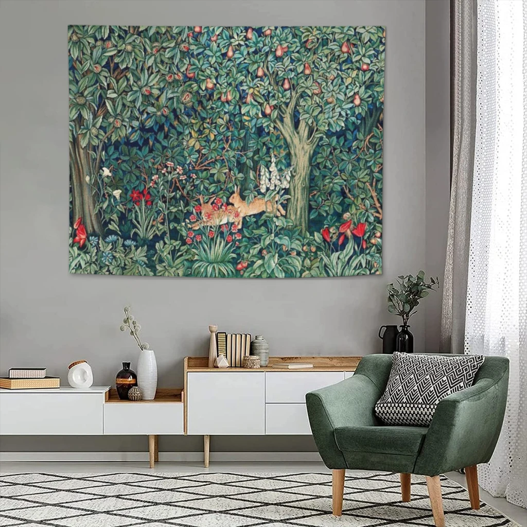 GREENERY, FOREST ANIMALS Hares Blue Green Red Floral Tapestry  Tapestry Aesthetic Room Décor Wall Hogar Decorating