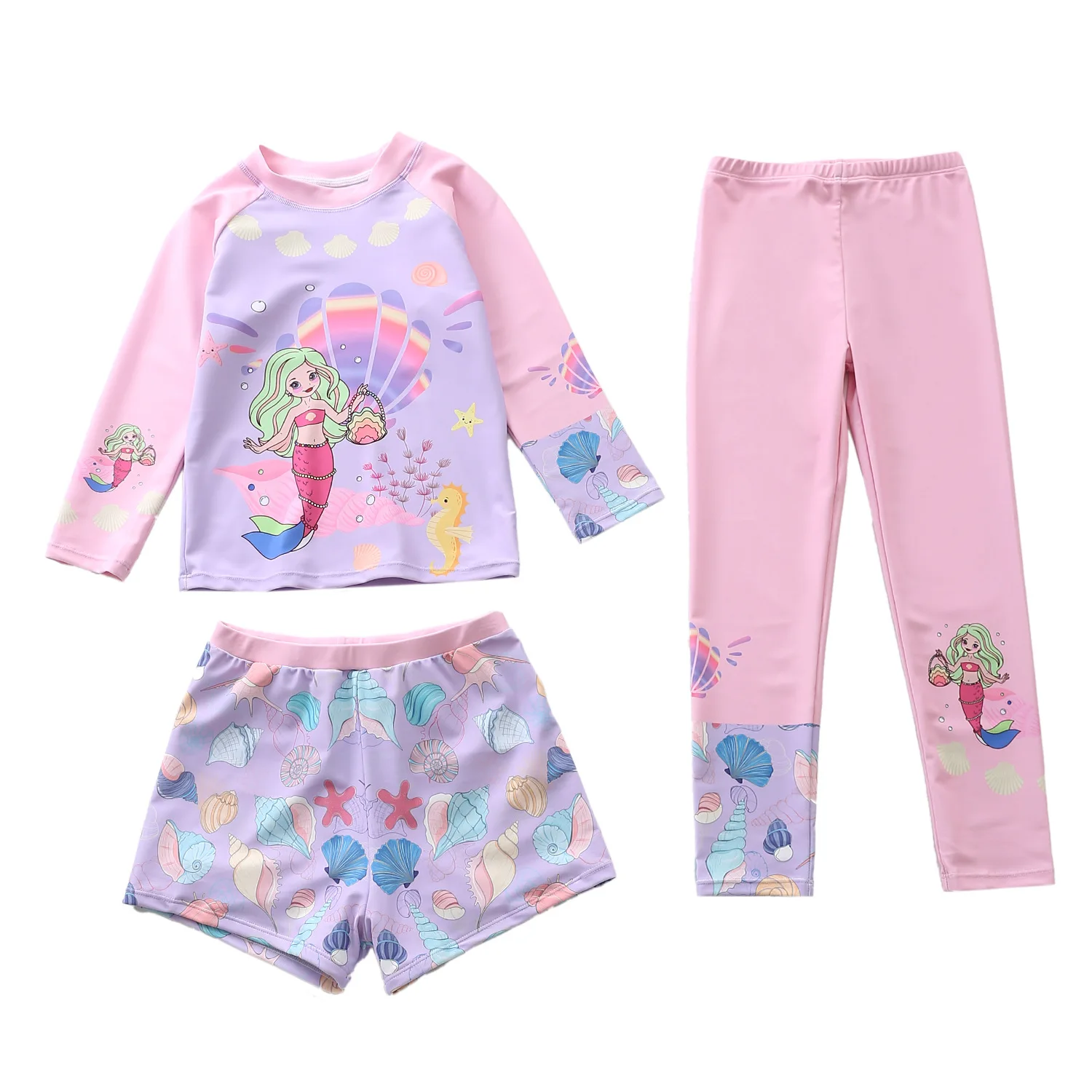 3pcs Girls Swimsuit Set Unicorn Mermaid Print Long Sleeve Rash Guard Baby Girls Full Cover Swimwear Sunscreen Bathing Suit