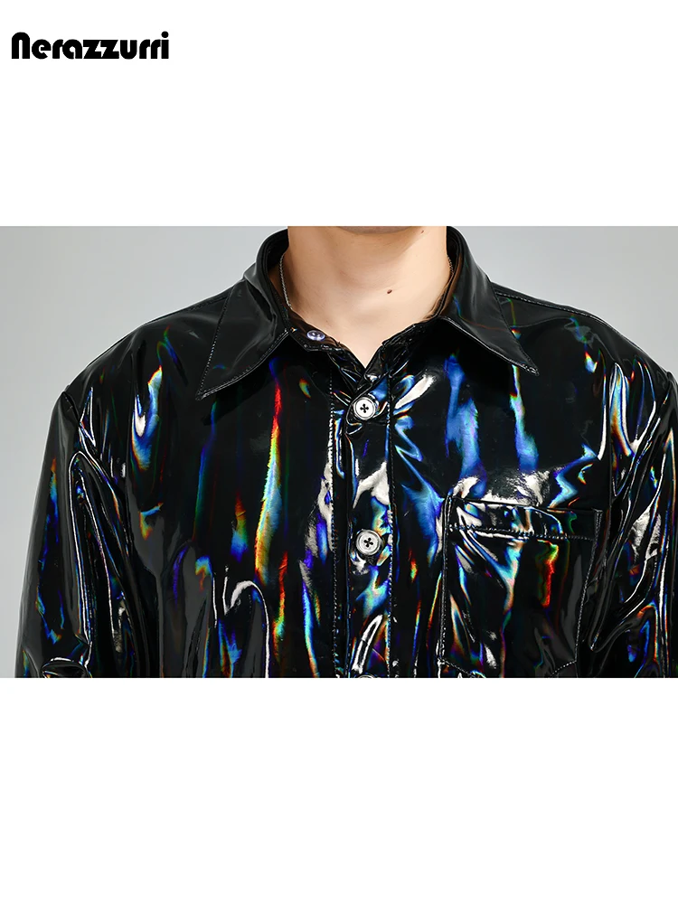 Nerazzurri Spring Autumn Cool Handsome Short Black Hologram Shiny Reflective Patent Faux Leather Shirt Men 2023 Leather Jacket