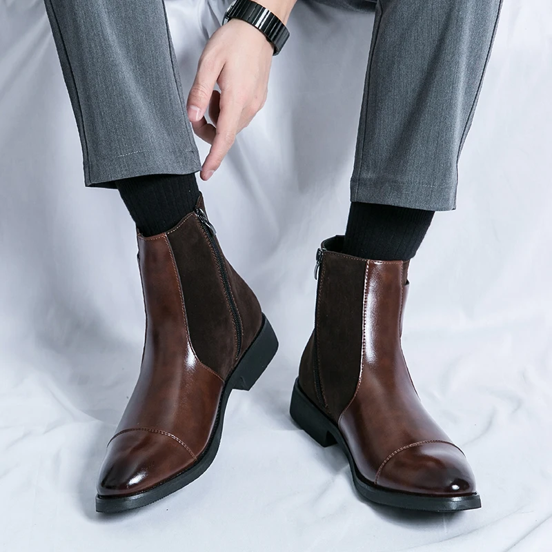 

38-46 Boots Men Splicing Black Brown Side Zipper One Step Business Fashion Brand Chelsea Boots European Training Boots
