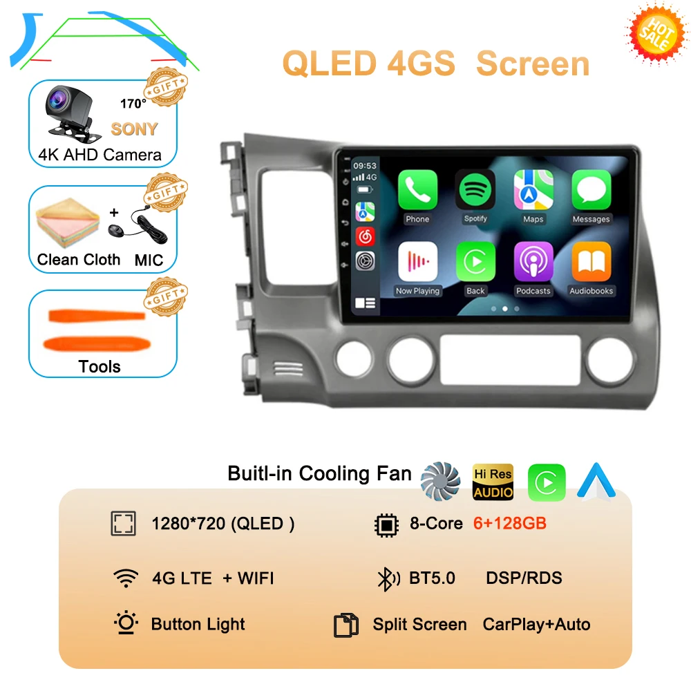 Android 16 autoradio voor Honda Civic 8e generatie (2005-2011) multimedia draadloze CarPlay Android Auto