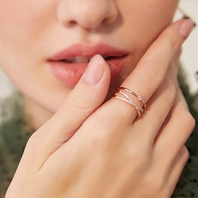 Foxanry Sparkling Zircon Lines Crossed Rings For Women Girls Simple New Fashion Temperament Exquisite Wedding Bride Jewelry Gift
