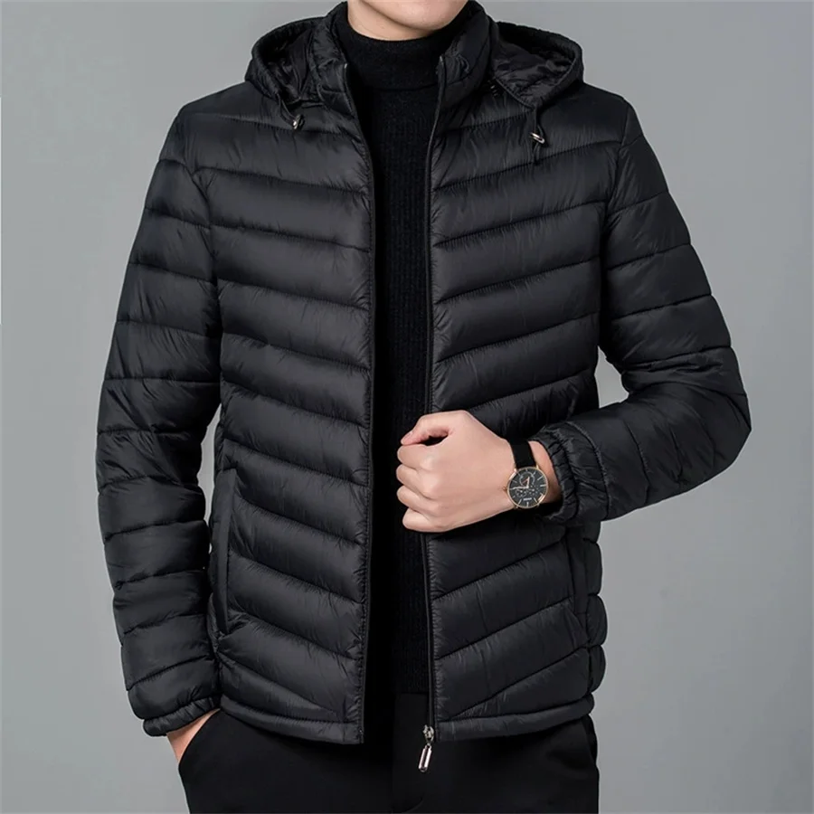 

2026 New Winter Cotton Padded Men Hooded Coat Casual Zipper Striped Lightweight Jackets Men's Solid Cold-proof Warm Outerwear